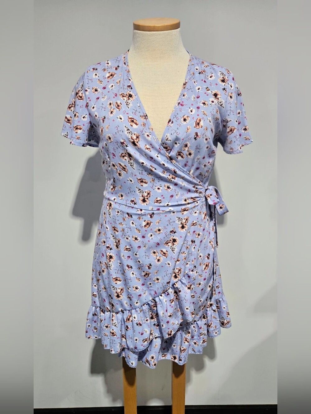 Light Lavender Floral Wrap Dress with Ruffle Hem